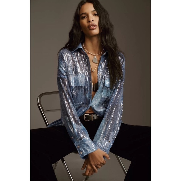 Anthropologie PILCRO Long-Sleeve Oversized Sequin Buttondown Blue Button Up XS - Picture 1 of 16